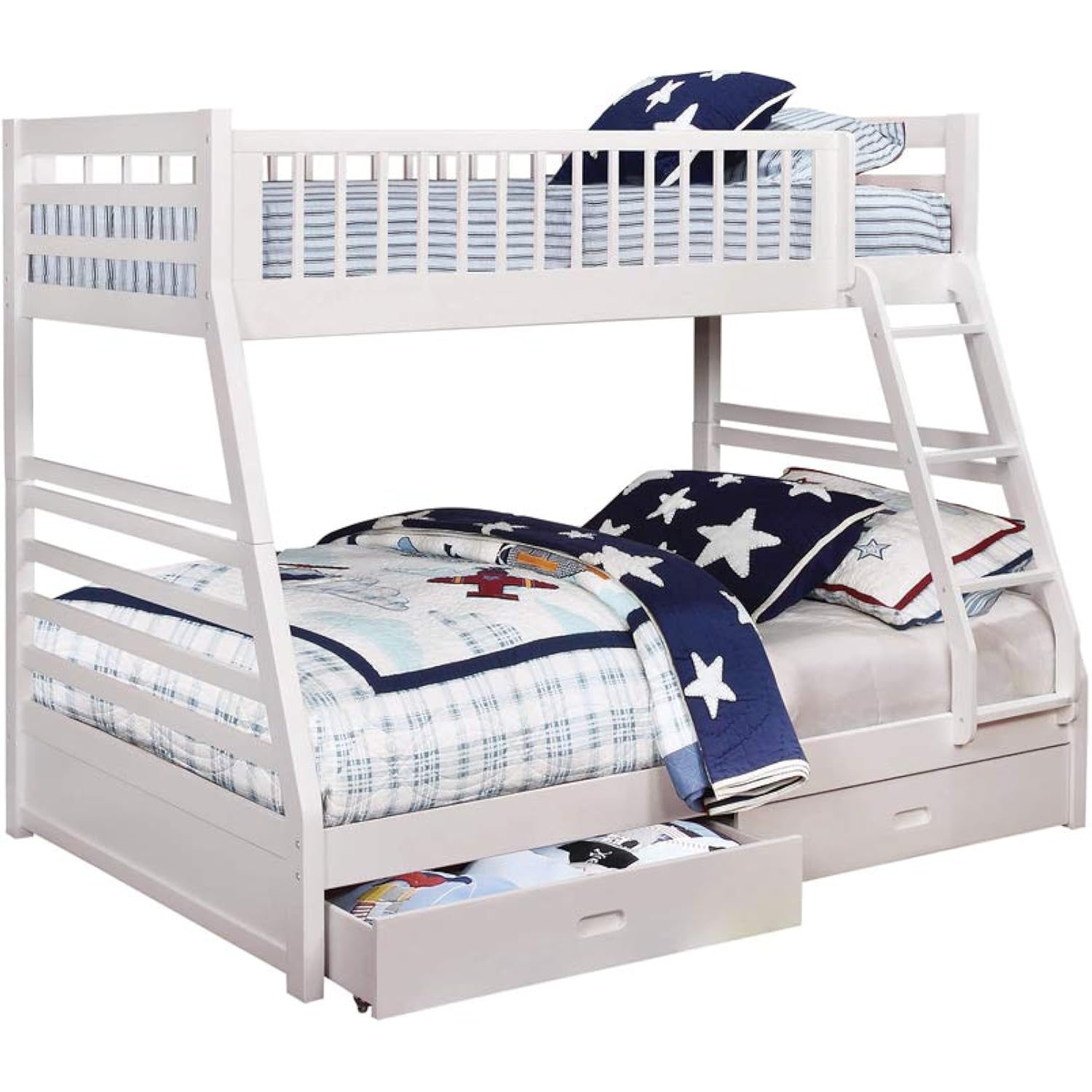 Benjara Wooden Twin Over Full Bunk Bed with Wheel Supported Bottom Drawers, White