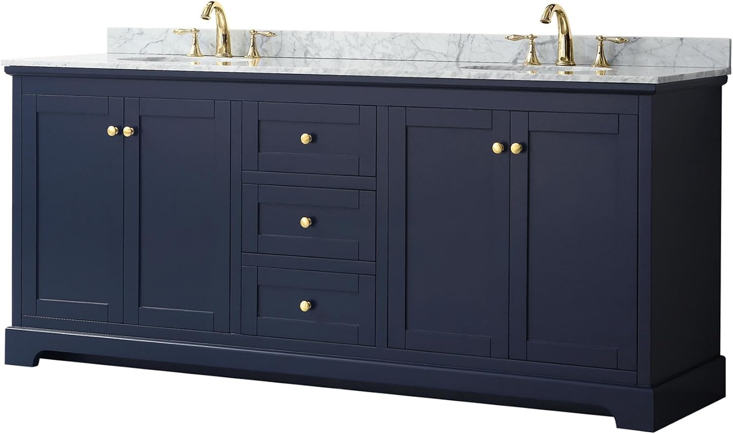 Wyndham Collection Avery 80 Inch Double Bathroom Vanity in Dark Blue, White Carrara Marble Countertop, Undermount Oval Sinks, and No Mirror