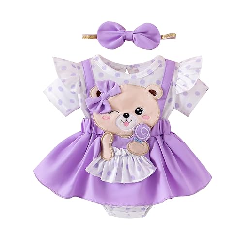 Baby Girl Summer Outfits Bear Short Sleeve One-Piece Jumpsuit With Headband Set Newborn Infant Girl Clothes