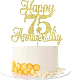 Kaoenla Happy 75th Anniversary Cake Topper - Gold Glitter Decorations for Wedding & Birthday Parties