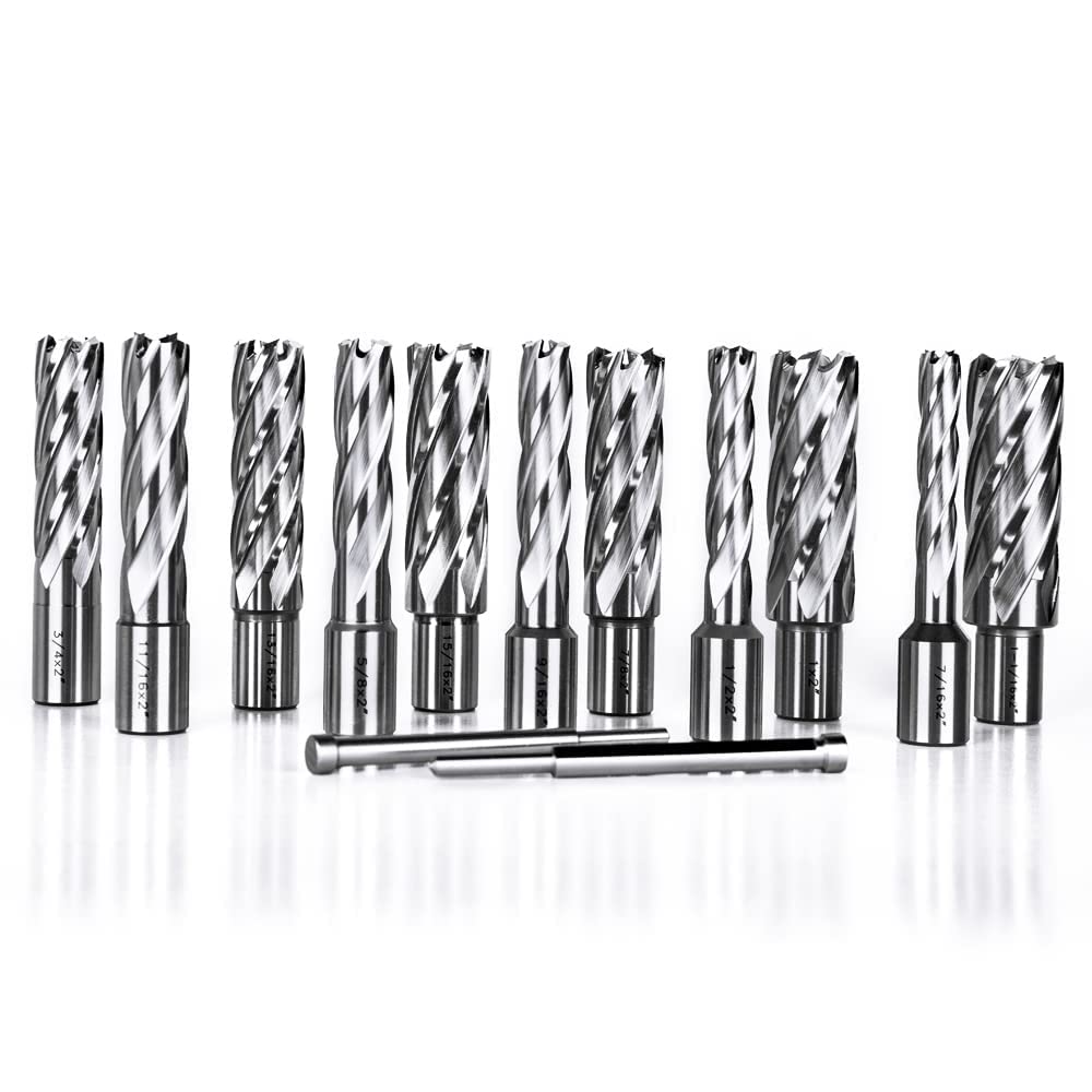 OSCARBIDE Annular Cutter Set 13pieces, 2" Cutting Depth,3/4" Weldon Shank and 7/16 to 1-1/16 inch Cutting Diameter, Mag Drill Bits for Magnetic Drill Press with 2pcs Pilot Pins