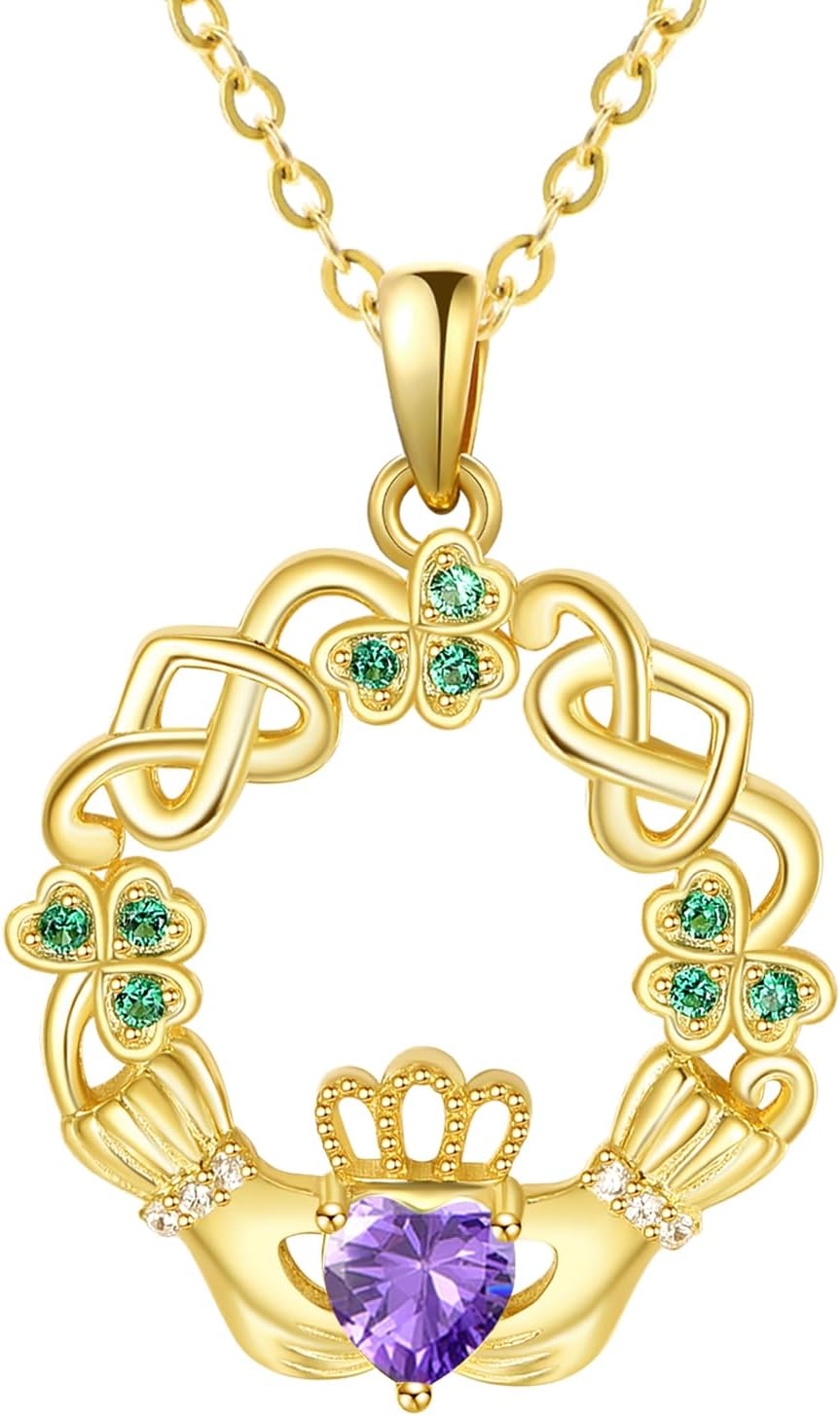 Dreamboat Sterling Silver Claddagh Necklace for Women Clover Shamrock Celtic Knot Irish Necklace Birthstone Pendant Luck Scottish Jewelry irish Gift