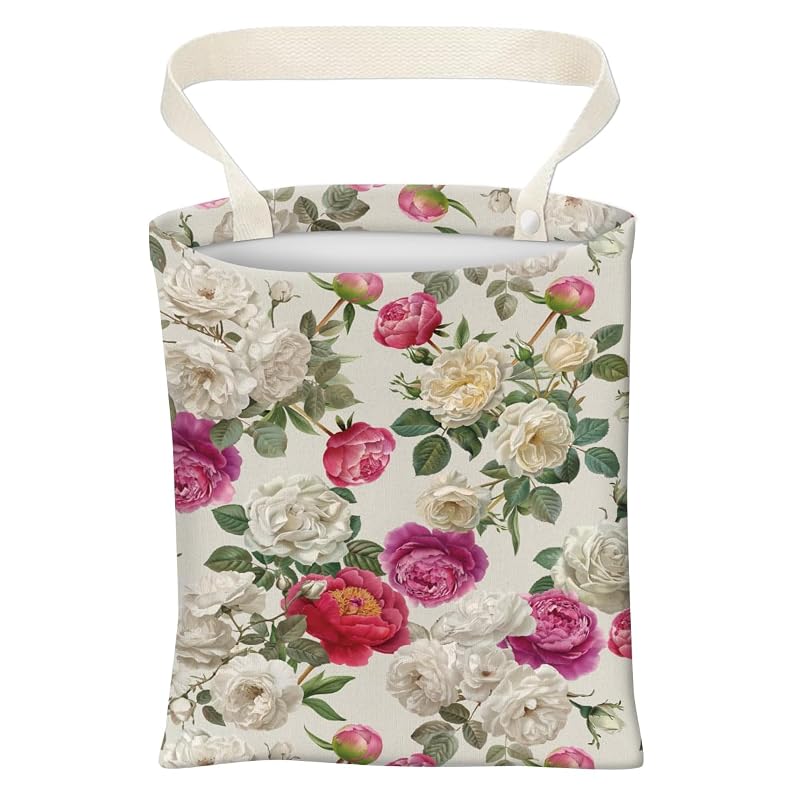 Lixeira de carro suspensa ABUIFDK, bolsa organizadora dobrável de poliéster, branca com flores rosa, 5 L