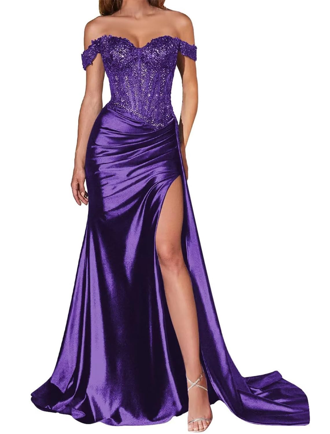 Hppee Women's Purple Satin Mermaid Prom Dresses With Slit With Lace Applique Sequin Glitter Ball Gown Off Shoulder Formal Dress Uk6