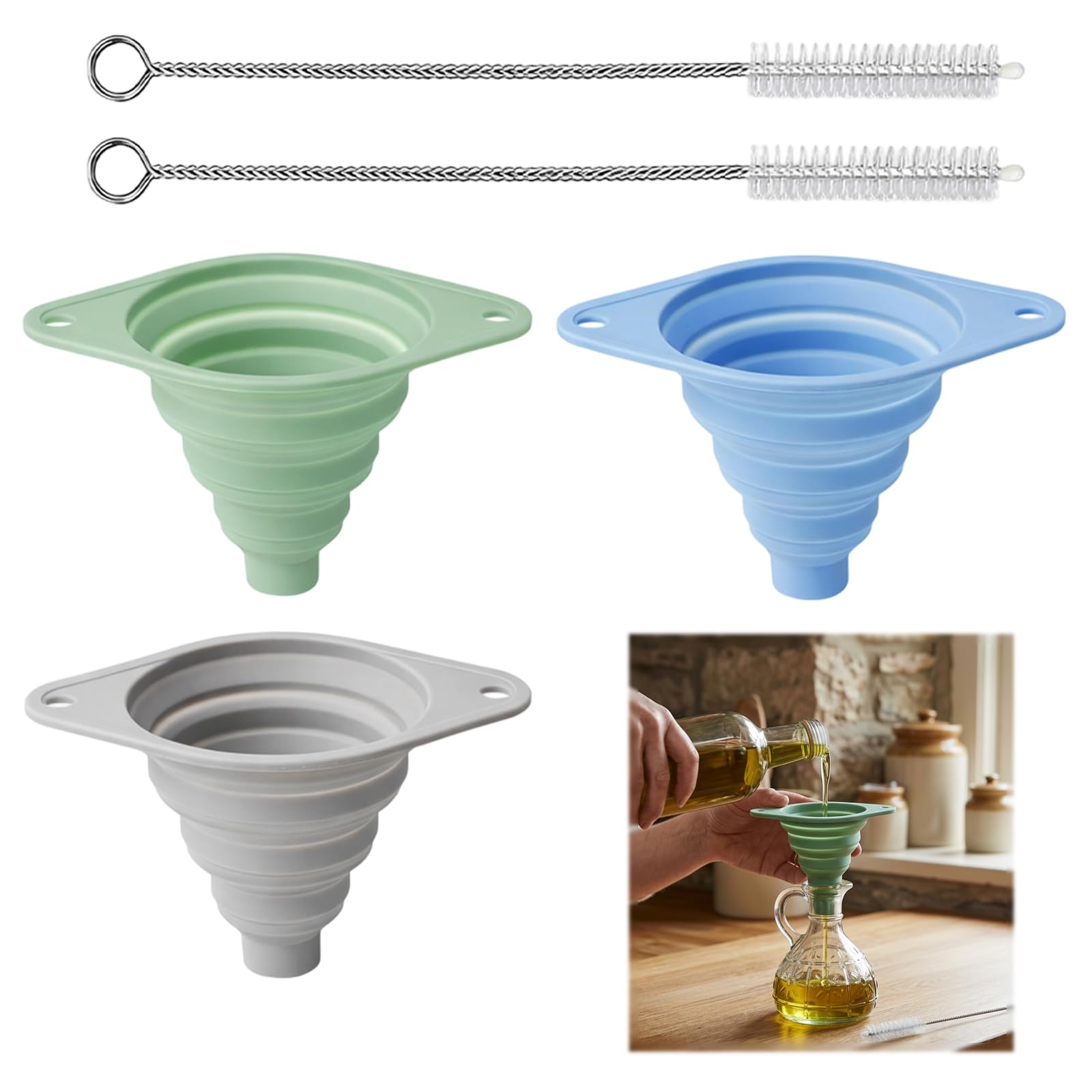 Funnels For Filling Bottles Or Containers, 3 Piecesmall Funnels For Filling Bottles Set With 2 Cleaning Brushes, Multi-Purpose Kitchen And Workshop Tools, Durable Plastic Construction