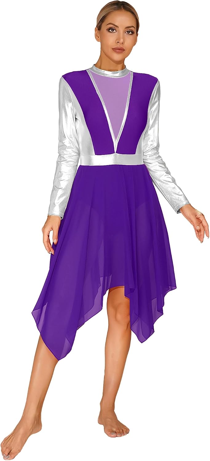 ranrann Women's Praise Dance Tunic Long Sleeve Worship Dancewear Metallic Gold Color Block Christian Dresses