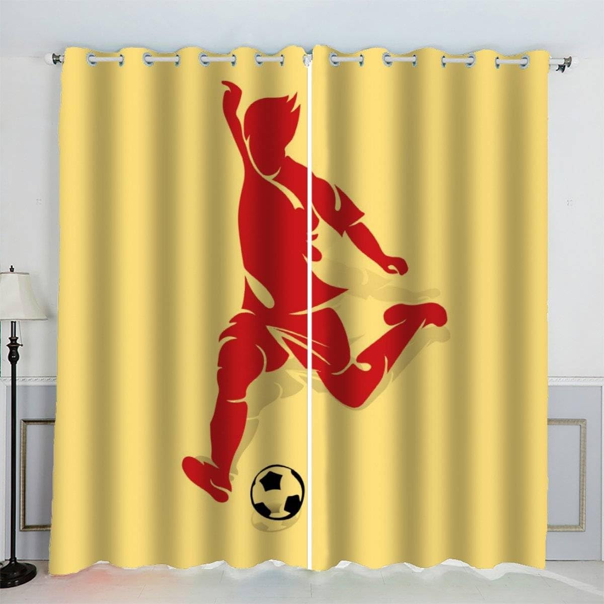 AKATIE Blackout Curtain Soccer Player Kid Insulated Drapes Yellow 3D Print Eyelet Window Curtains for Boys Girls Teens Children kids Bedroom Set of 2 Panels (W150xL166cm)