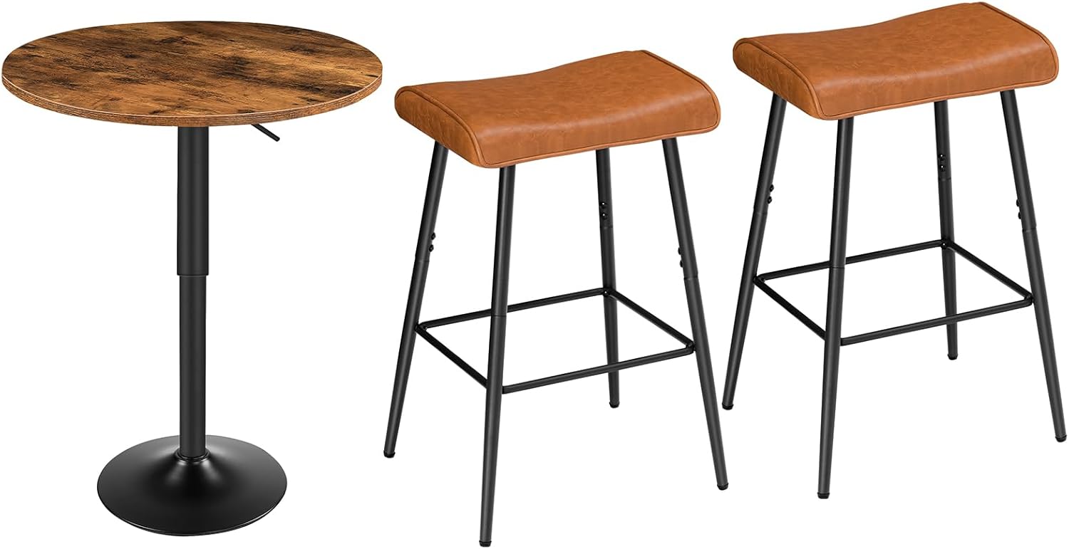 HOOBRO Bar Table, Height-Adjustable Round Pub Table and 24.8" Bar Stools Bundle, for Kitchen, Dining Area, Cafe, Brown and Black BF58BT01G1-CB63BYP201