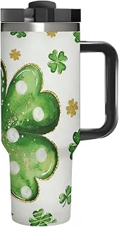 Gold Green Lucky Shamrock 40oz Tumbler with Handle And Straw | Double Wall Insulated Cups Stainless Steel Travel Mug Cup Holder Friendly Easy Carry Handle Leak Resistant Water Bottle