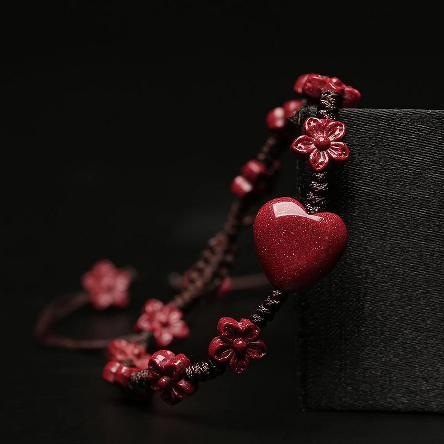 Natural Cinnabar Bracelet, Adjustable Handmade Braided Rope Prosperity Flowers Good Lucky Red Heart Shaped Charm Bracelet for Women Men