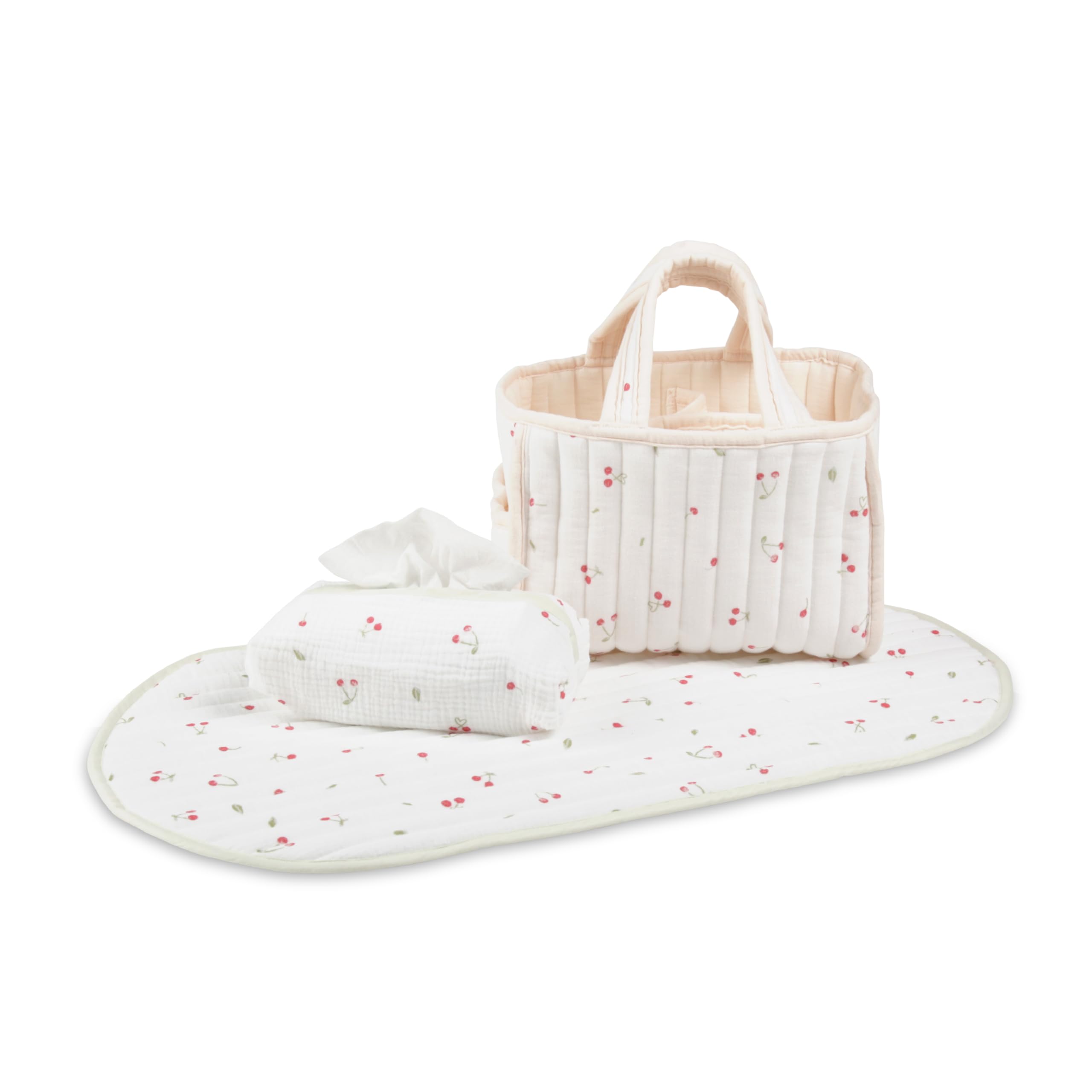 CuddleCo Nappy Caddy Set in Ditsy Cherry with Travel Changing Pad & Baby Wipe Cover - Perfect Newborn Essentials for Convenient Organisation