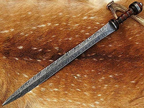 WAZ Sword ! Damascus Sword ! Custom Handmade Damascus Viking Sword ! Hunting Sword Outdoor Sword ! with Leather Sheath