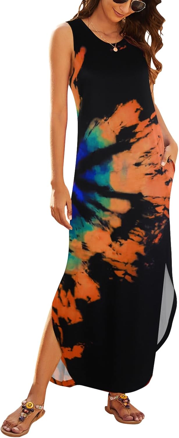 Hount Women's Casual Summer Sleeveless Dress Loose Split Maxi Dresses with Pockets