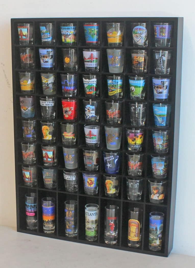 DisplayGifts Open Front Shot Glasses Display Case 56 Compartments Wall Mount Pint Glass Shadow Box Bar Collection or Small Items Display Shelving, No Cover on The Front (Black Frame)