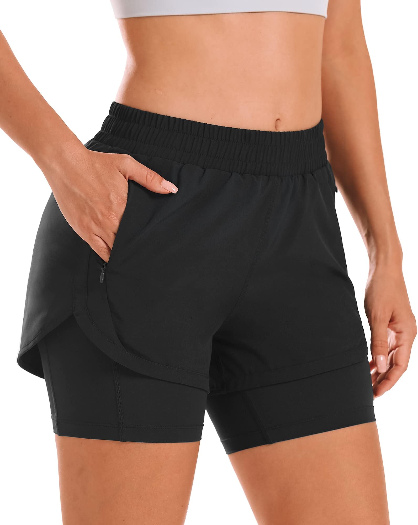 Women 2 in 1 Running Shorts High Waisted Athletic Shorts Gym Workout Shorts with Liner Zipper Pockets