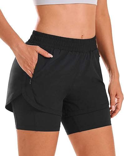 Stelle Pantalones cortos de correr 2 en 1 para mujer, pantalones cortos deportivos de cintura alta, pantalones cortos de entrenamiento con forro y