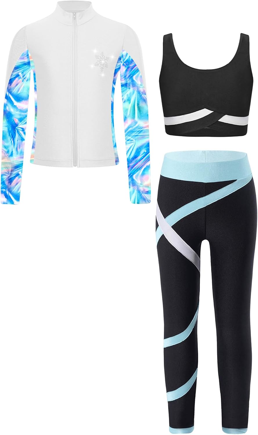 Freebily Kid 3 Pieces Girl Sports Dance Outfit Crop Tank Top with Athletic Leggings and Long Sleeve Jacket Set Tracksuit