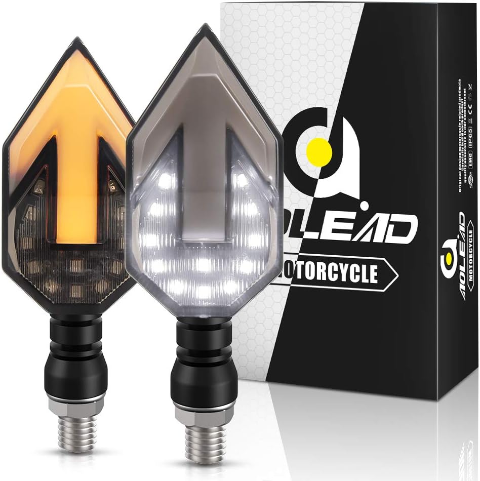 Aolead Motorcycle Turn Signals, Flowing Amber LED Front/Rear Turning Indicators with DRL Light Universal Fit Motorbike Scooter Quad Cruiser Off Road (Pack of 2)