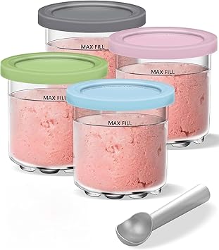 Containers Replacement for Ninja Creami Pints and Lids & Scoop - 4 Pack | Compatible with NC300/NC301/NC299AMZ Series | BPA-Free, Dishwasher-Safe, Leak-Proof Pints for Homemade Ice Cream
