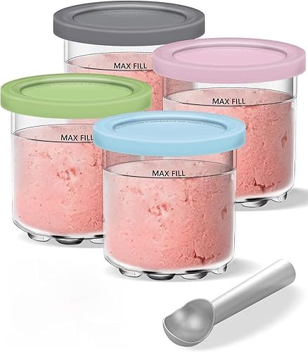 4 Pack Ninja Creami Ice Cream Containers with Lids & Scoop | Compatible with NC300/NC301/NC299AMZ Series | BPA-Free, Dishwasher-Safe, Leak-Proof Pints for Homemade Ice Cream - 16oz - Blue/Green/Pink/Grey