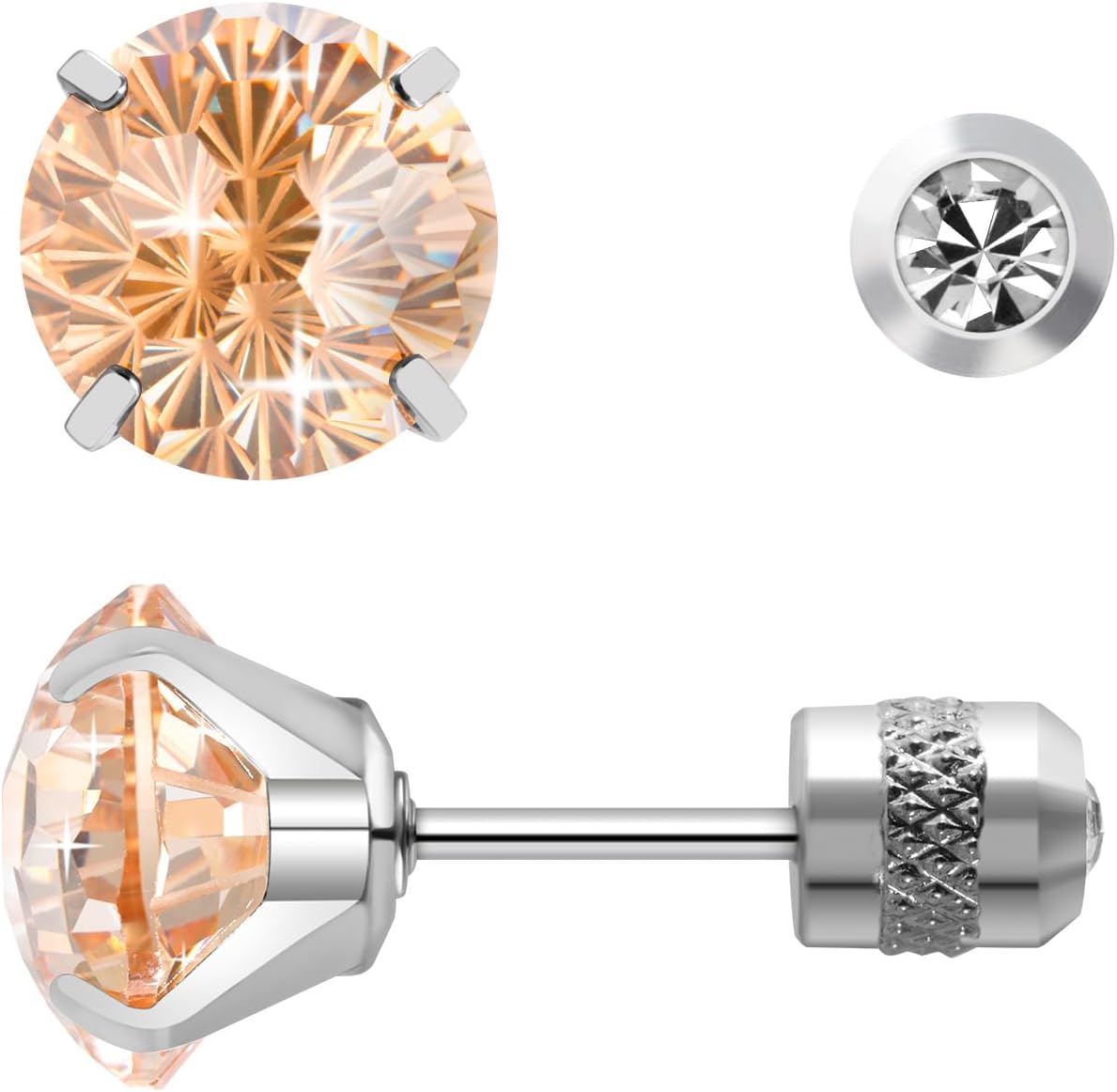 Firework-cut Zirconia Titanium Stud Earrings for Women, Hypoallergenic & Nickel Free, Ideal for Sensitive Ears, Minimalist Elegant Design, Everyday Jewelry, Gift Box Included (champagne, 8mm)