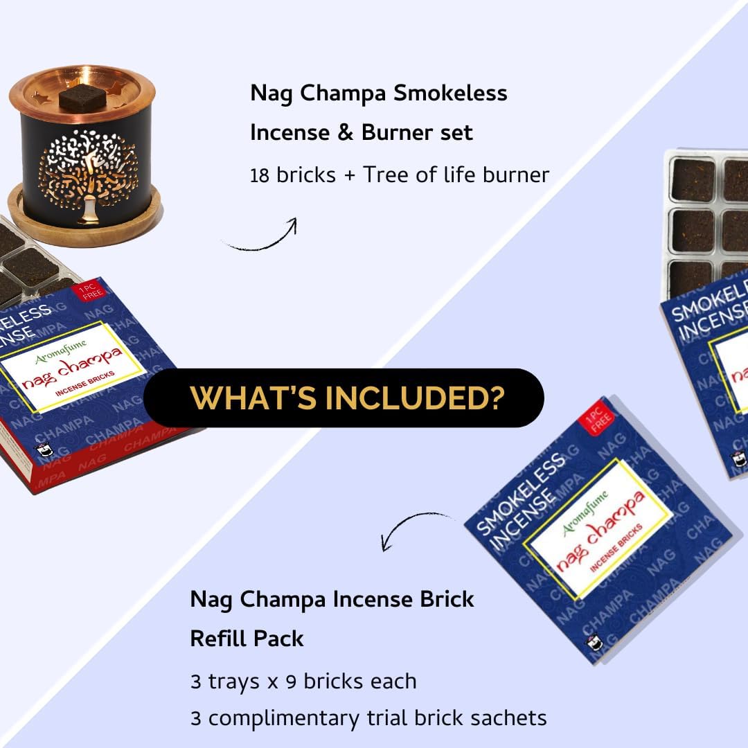 Nag Champa Incense Bricks Refill + Nag Champa Incense Bricks & Burner Set | Smokeless Aromatherapy | Induce Peace & Tranquility | Floral & Woody Scent | Jasmine, Sandalwood & Geranium Blend