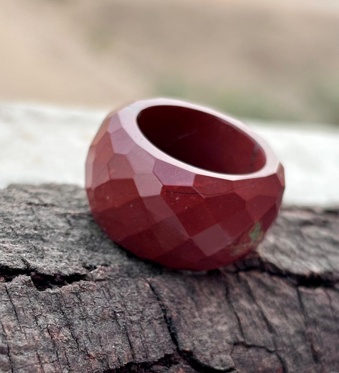Faceted Dome Jasper Ring, Deep Redjasper, Geometric Pattern, Statement Jewelry, gemstone ring