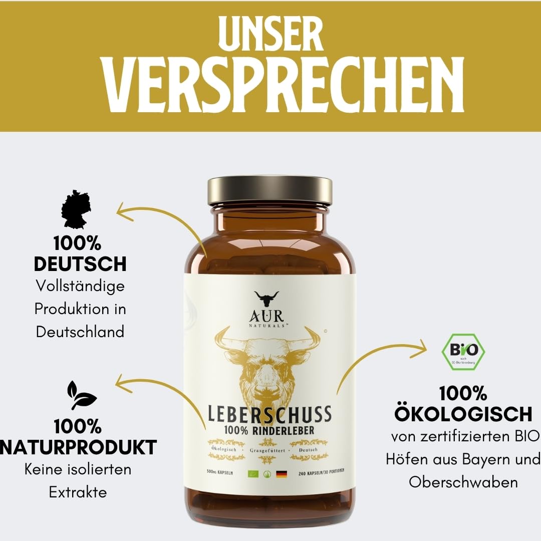 Bio Rinderleber Kapseln – 240 Stück von grasgefütterten Weiderindern aus Deutschland | Natürliches Multivitamin mit Folat, Eisen, Vitamin B12 & Kupfer | Hochwertiges Leber-Supplement I AUR Naturals