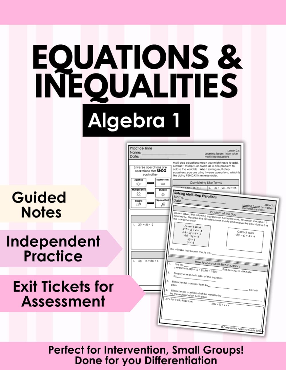 Algebra 1 Equations & Inequalities Workbook | Solving Equations with Guided Notes, Practice & Exit Tickets | Algebra 1 Curriculum, Intervention, Homeschool Math (Algebra 1 Math Club)