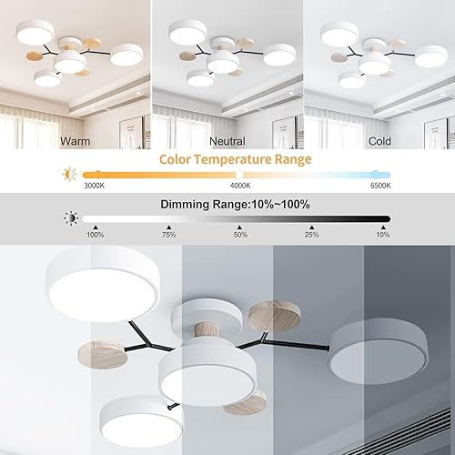 Vista 72 de Lámpara LED de techo, 34 pulgadas, 7 luces, moderna lámpara de techo empotrada de madera de 56 W, lámpara regulable para sala de estar, dormitorio
