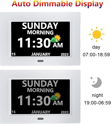 Miniatura 7 de Reloj de 7 pulgadas con día y fecha para ancianos, pantalla grande, reloj digital, 5 alarmas, 3 recordatorios de medicamentos, fuente grande, reloj