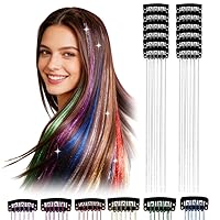 Vista 18 de 12 extensiones de cabello con clip, color champán, extensiones de cabello de oropel con clip, extensiones de cabello con purpurina para niñas