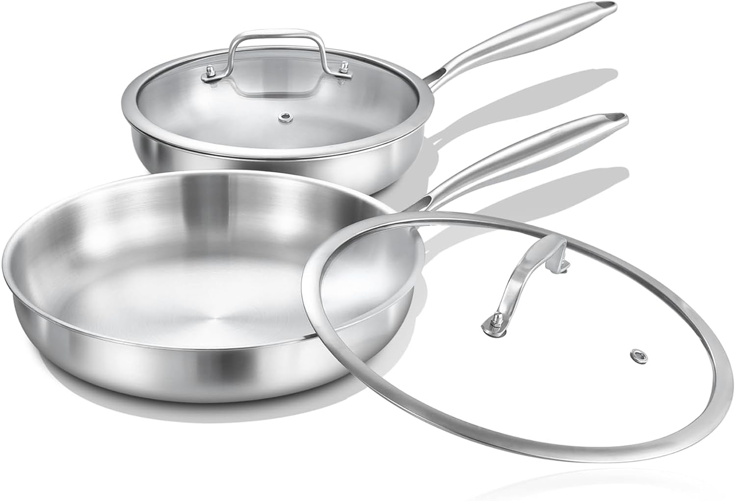 Fully Clad Tri-Ply Stainless Steel Pan Set, 24/28cm Frying Pans with Lids, PFOA&PTFE Free, Induction Hob & All Stoves Compatible, Fast Heating, Heat Retention, Energy Efficient