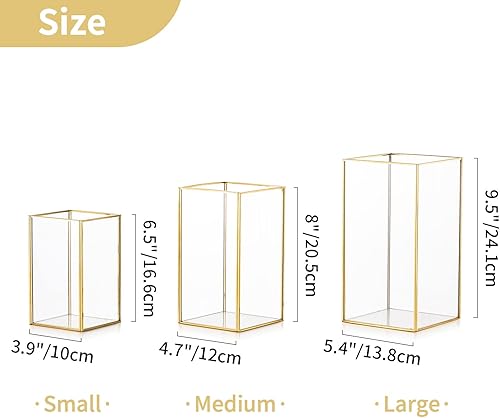 Miniatura 8 de Nuptio Juego de 18 portavelas de cristal con forma de huracán, portavelas de pilar dorado, grandes rectangulares, centros de mesa, decoración para