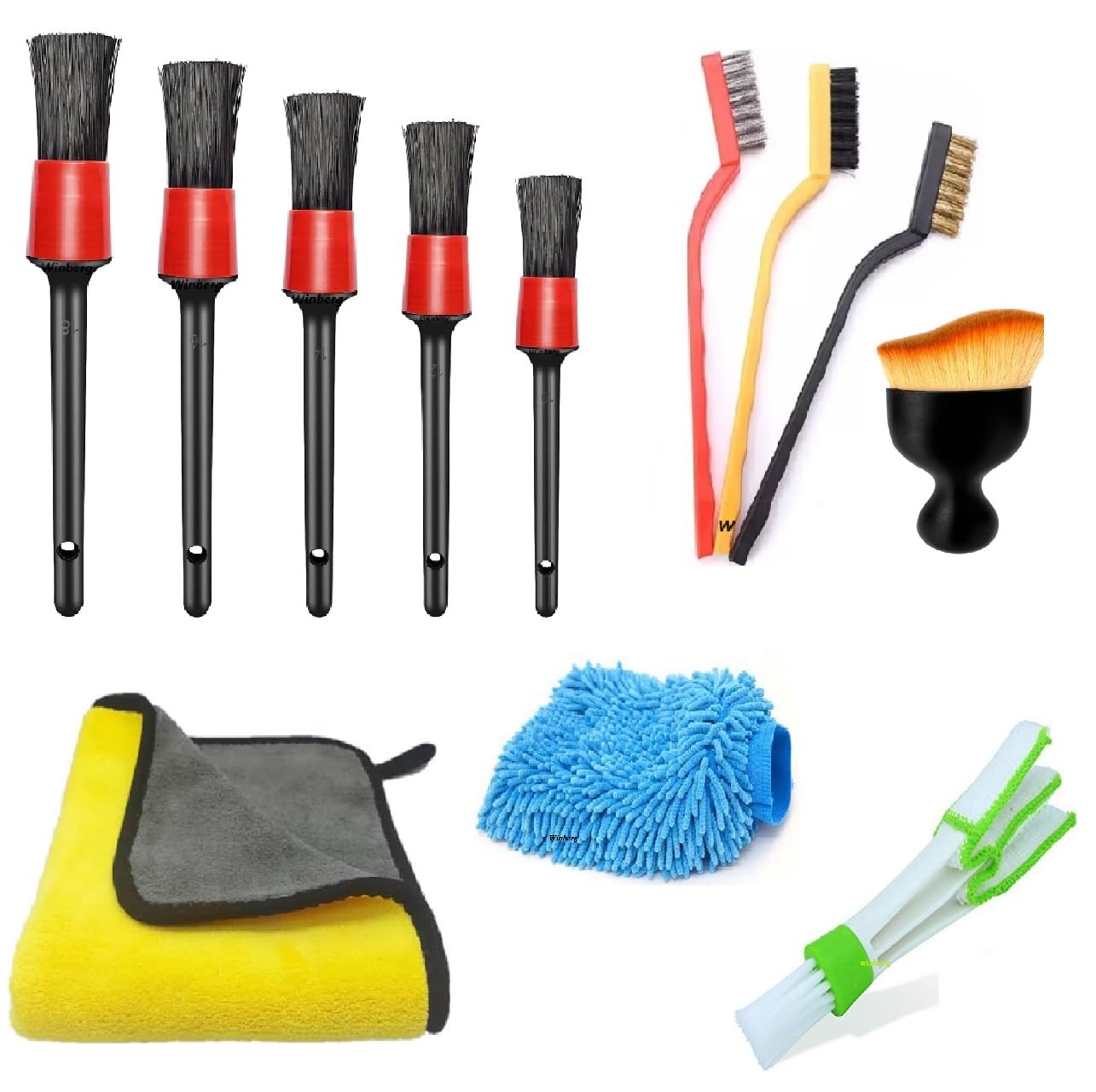 Winberg 12 pcs Car Detailing kit Car Professional kit Include 1 Car Towel 600 GSM,5 Pcs Detailing Brush,1 Soft Brush,3Pcs Cleaning Brush,1 Microfiber Gloves and 1 Ac Wind Cleaning Brush CD16-image-2