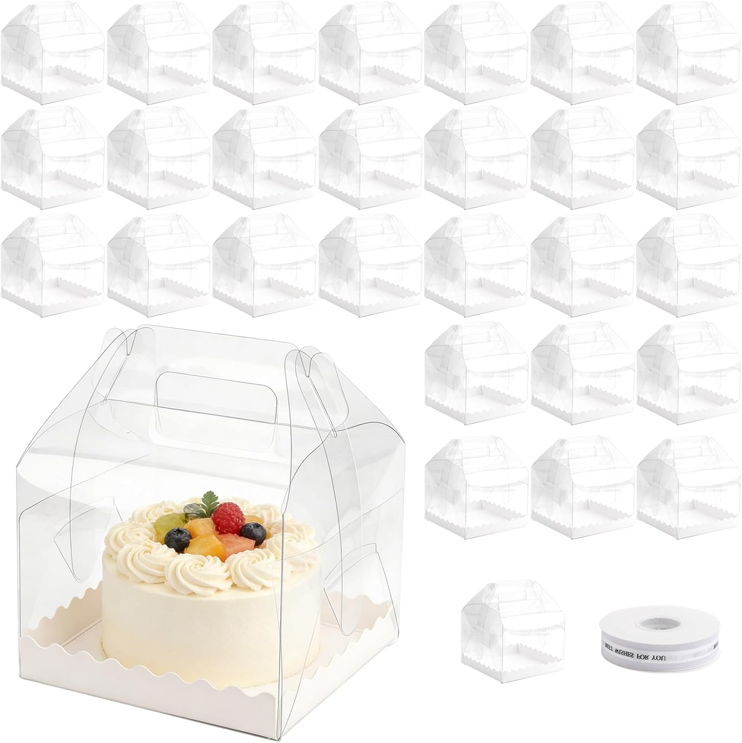 30 PCS Clear Cake Boxes with Ribbon, 6.3x6.3x4.7 Inches Bakery Box with Handle & Cake Board, Transparent Treat Boxes for Cake Chocolate Donut Pastries Cookies Birthday Wedding