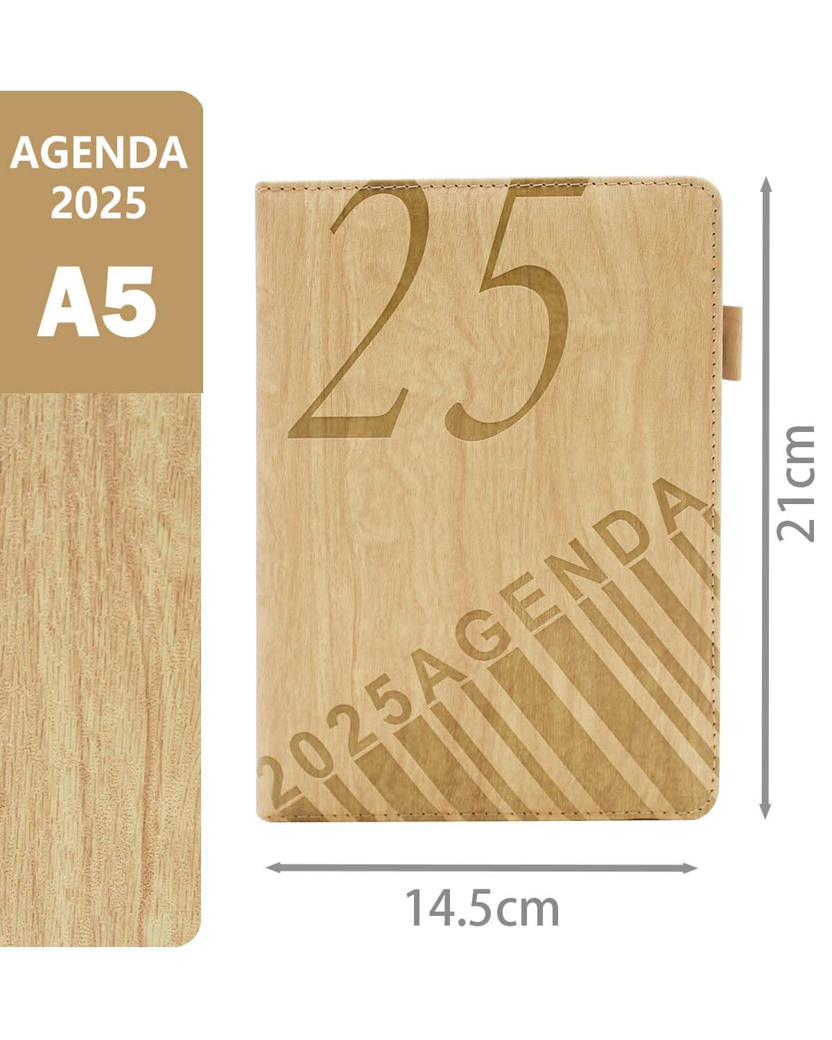 HW CASA Agenda Giornaliera 2025 Taccuino,Formato A5,200 Pagine Agenda Giornaliera,Copertina in Pelle PU Goffrata con Venature del Legno,Design a Pagina Singola ed Etichette Mensili Colorate,Giallo
