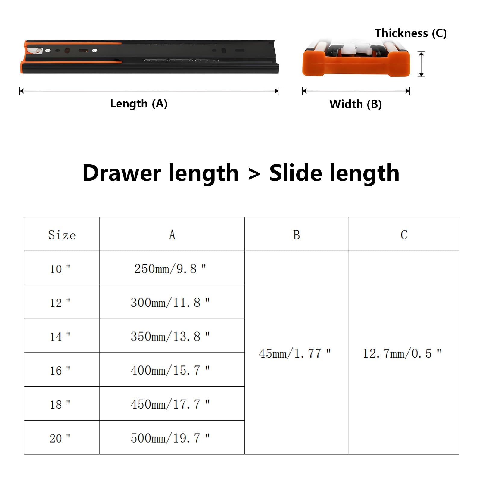 Wytrzymałe Prowadnice do Szuflad z Cichym Domykaniem, Nośność 45 kg, Metalowe Szyny 250 300 350 400 450 500 mm(20in (500mm))