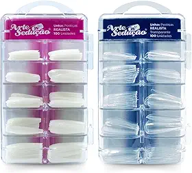 Kit 200 Unhas Postiças Realista Transparente e Branca