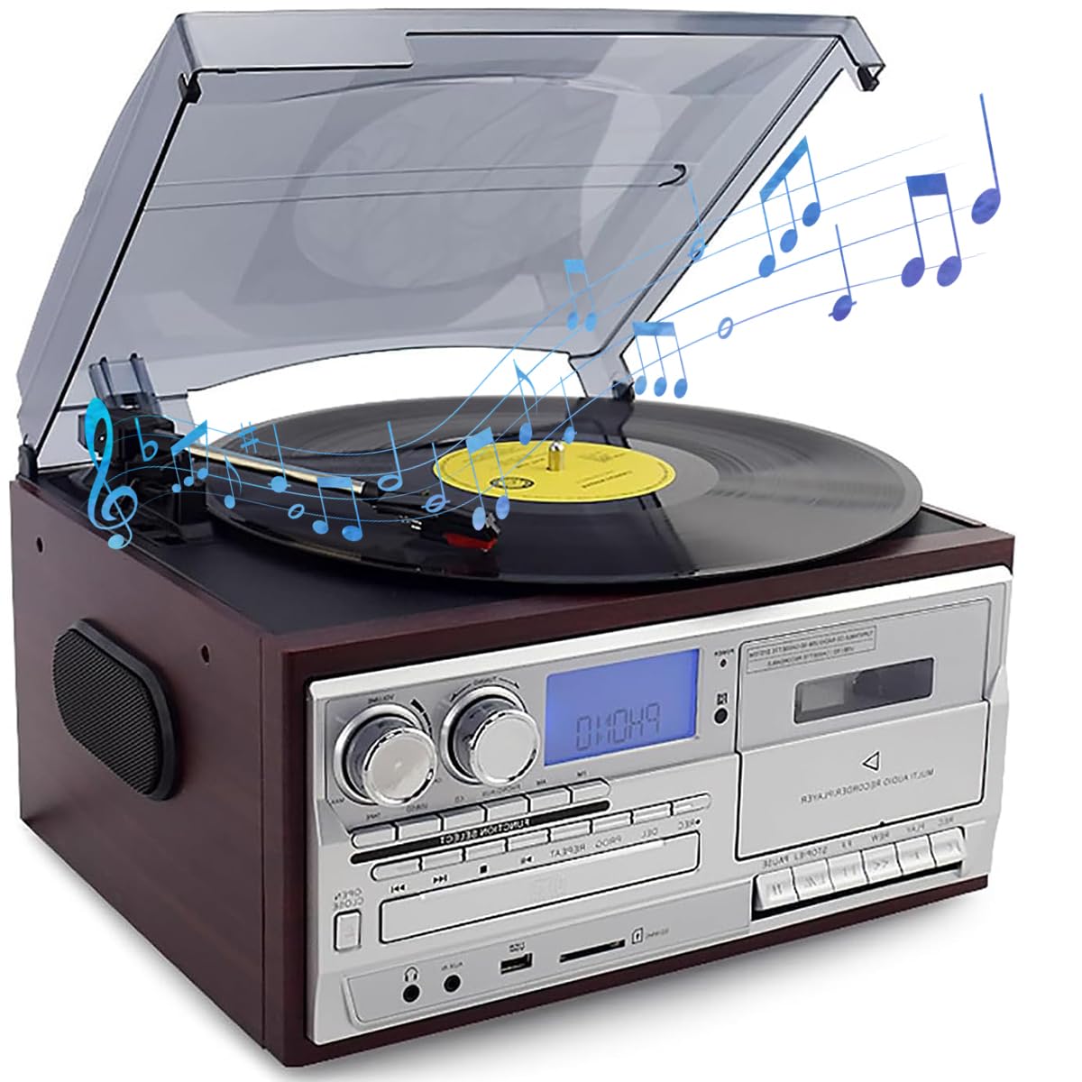 Giradischi Bluetooth con lettore CD, radio AM/FM e giradischi a 3 velocità per dischi in vinile, altoparlanti integrati per ascoltare musica classica
