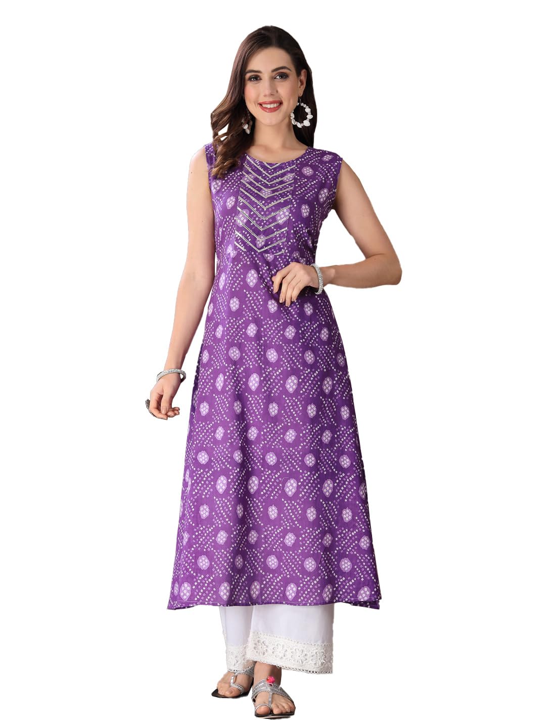 Stylum Women's Bandhej Printed Cotton Flared Kurta (Purplesanvi40_Purple, L)