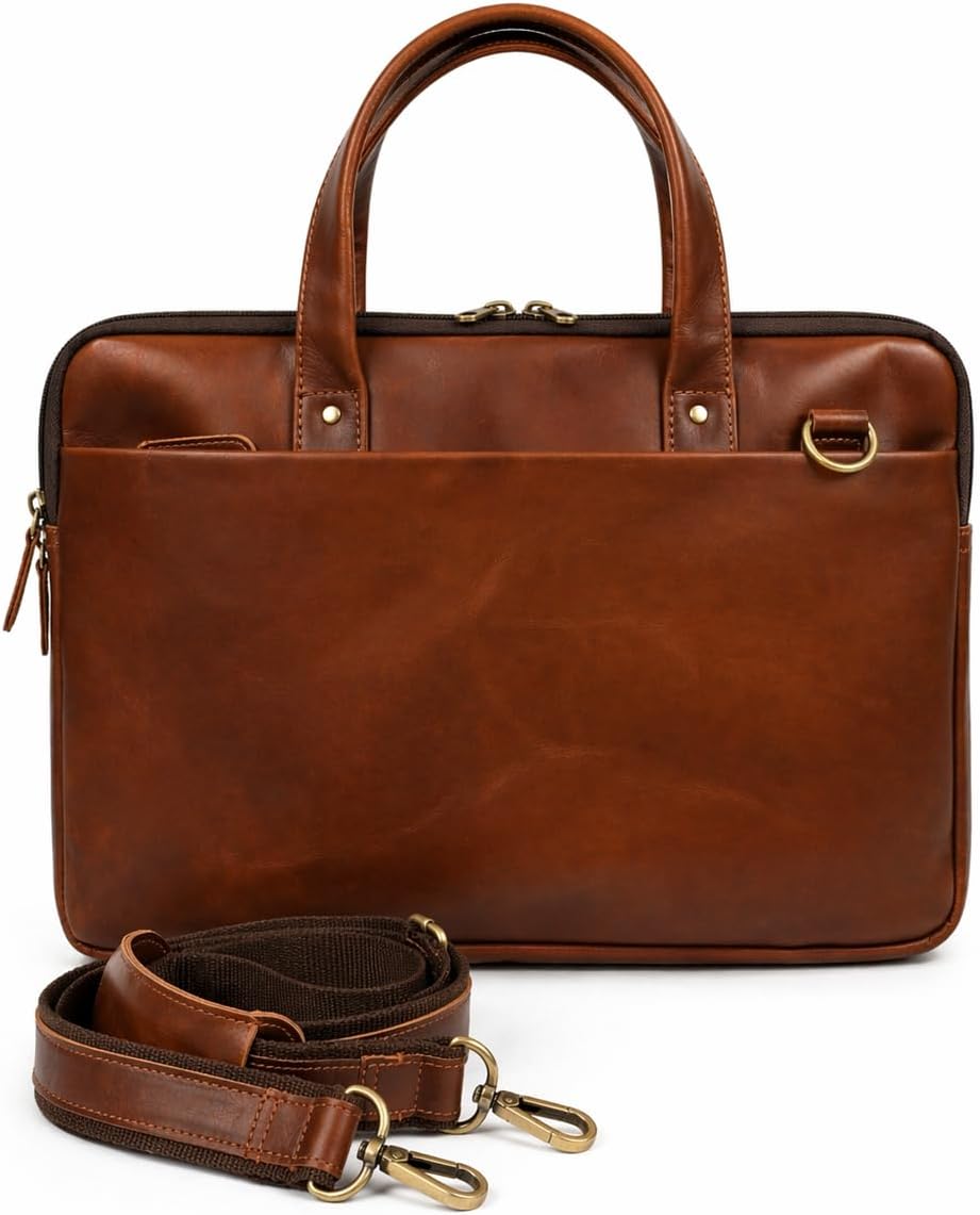 Genuine Leather Laptop Bag for Men & Women – 3 Compartment Briefcase with Padded Sleeve, 15.5 Inch Office Bag