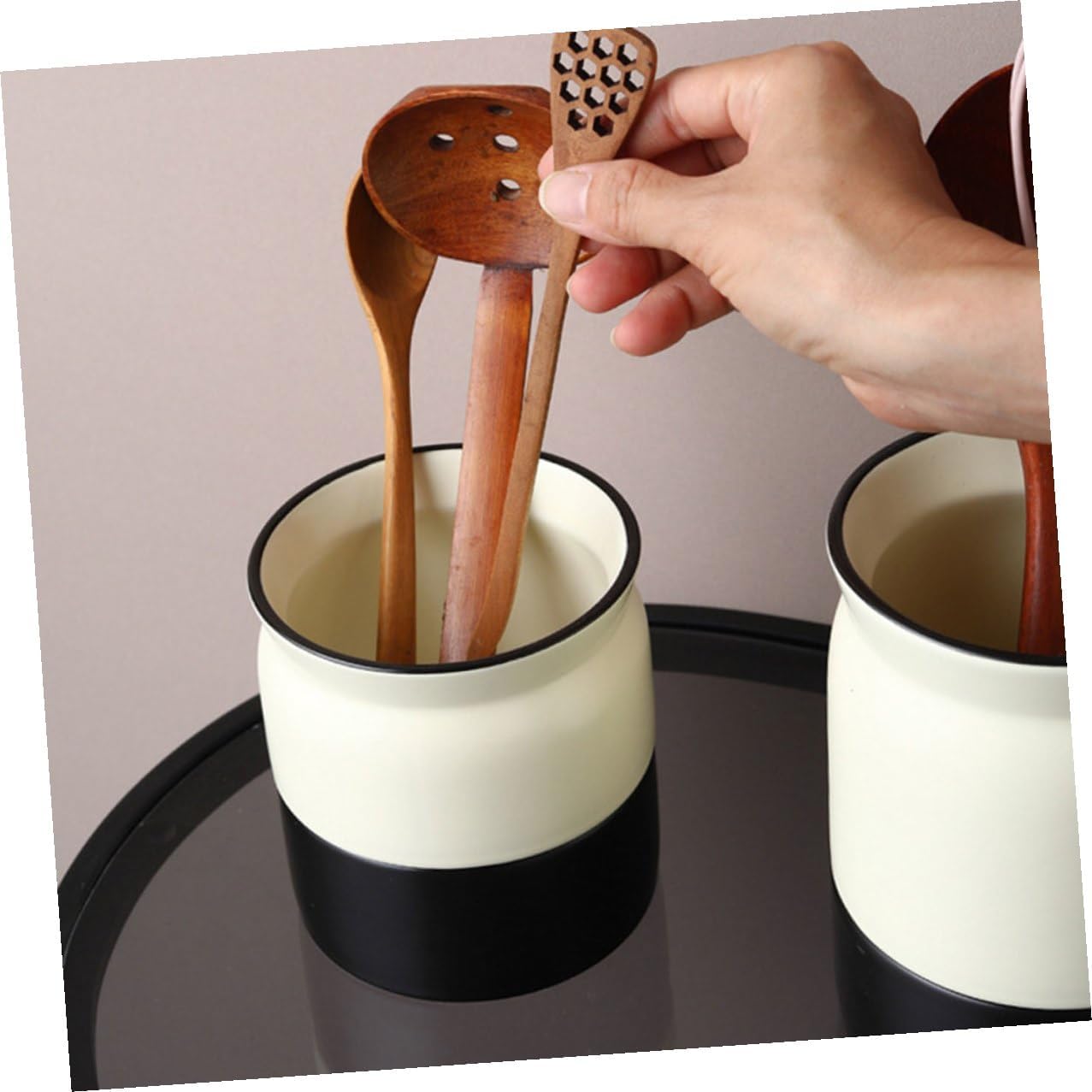 BESPORTBLE 2pcs Ceramic Cutlery Bucket and Flatware Holder Set with Drainage for Kitchen Utensil Storage, Chopstick Organizer in White and Black for Home and Restaurant Use