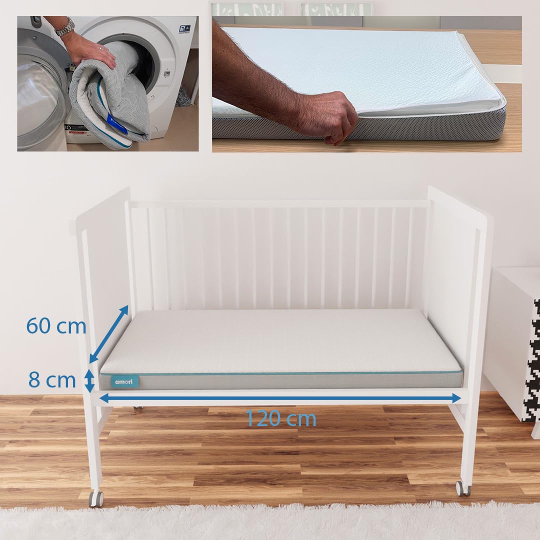 AMORI Materac łóżeczkowy 120 x 60 cm | Grubość materaca 8 cm zapobiega zadławieniu dziecka | Pokrowiec można zdjąć i prać w pralce | Zima - Lato | Oddychający i hipoalergiczny komfort