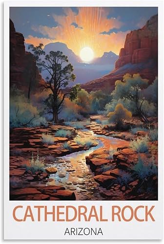 Póster de viaje vintage de Cathedral Rock Arizona, 08 x 12 pulgadas (7.9 x 11.8 in), lienzo artístico y arte de pared para decoración de dormitorio