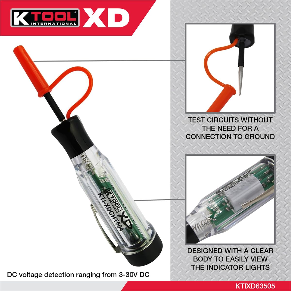 K Tool International XDCHT504 Xtra Duty Cordless Circuit Tester, DC Voltage Detection Tool, Dual Color LED Polarity Indicator, Audible Beep Alert, Built in Lithium Battery