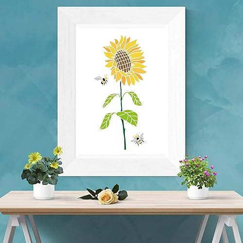 Miniatura 5 de MAYJOYDIY 4 plantillas grandes de girasol de 12.4 x 21.7 pulgadas, plantillas de abeja de girasol con pincel de pintura, plantilla de girasol