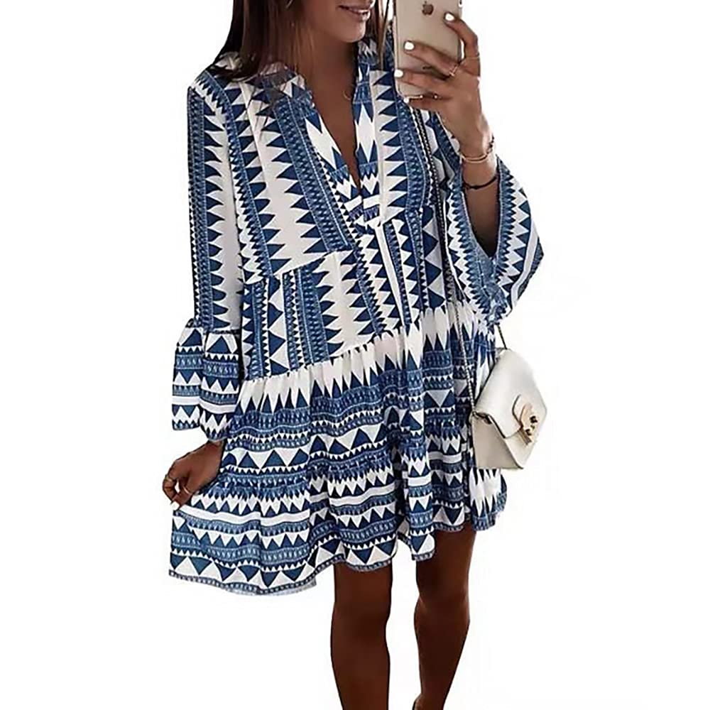 YOXUA Women's Long Sleeve V-neck Printed Ruffle Casual Loose Fit Flowy Swing Midi Dresses