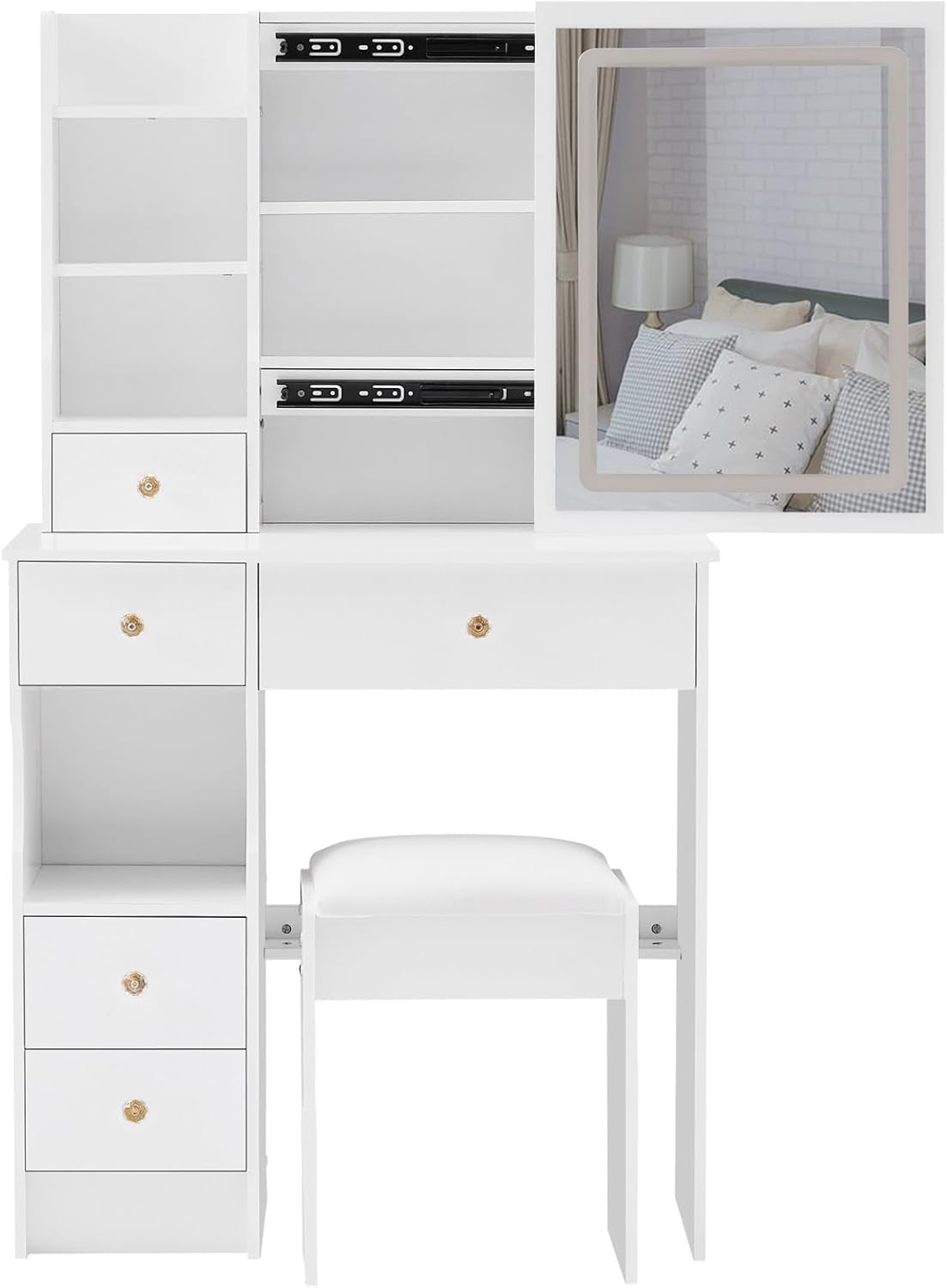 29.2" Small Size Left Drawer Desktop Vanity Table + Cushioned Stool, Large Sliding, Touch Control, Tri-Color Switching, Brightness Adjust LED Mirror, High Capacity Storage, Suitable for Small Space