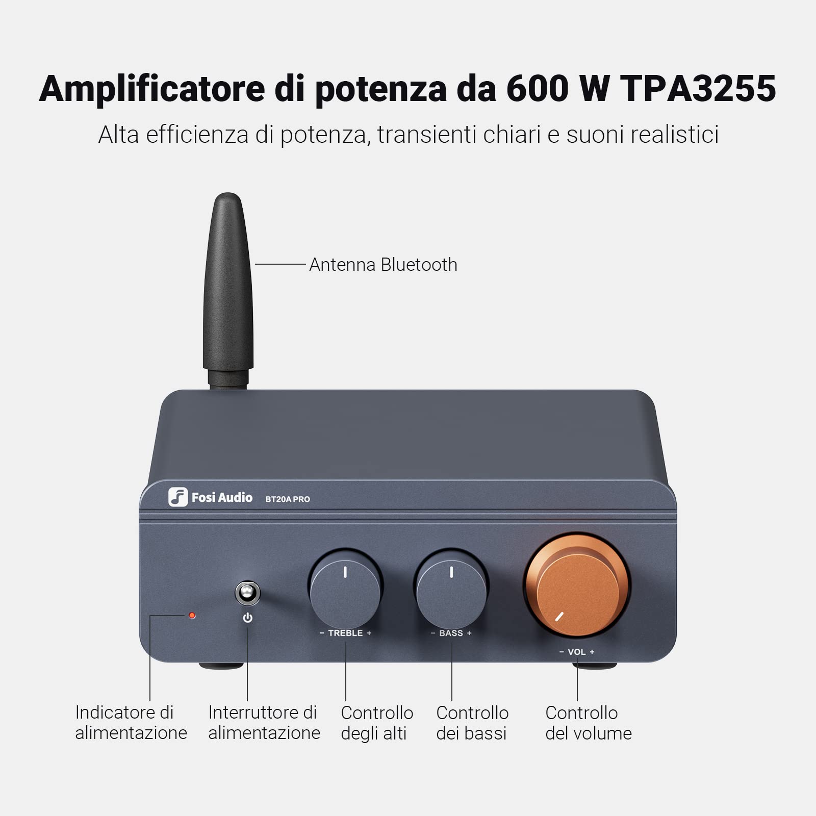 Fosi Audio BT20A Pro Amplificatore Bluetooth 5.0 300Wx2 TPA3255 HiFi Stereo Classe D 2.0 Canali